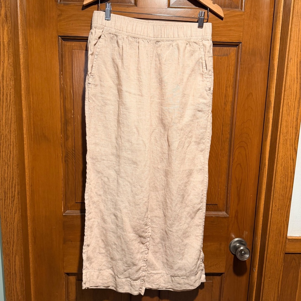 Tahari Womens 100% Linen Wide Leg Crop Pants Beige Elastic Waist Medium